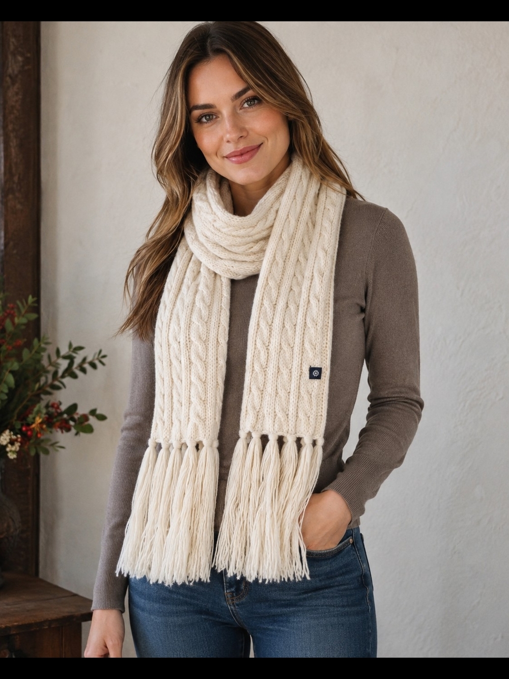 Vintage Y2K Gap 100% Lambswool Cable Knit Fringe Scarf Cream Ivory Holiday 2004